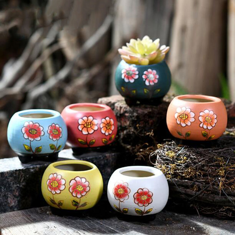 Bonsai Garden Art - 6 ชิ้น/เซ็ต Porcelain Handpainted ดอกไม้รูปแบบกระถางต้นไม้ Succulent
